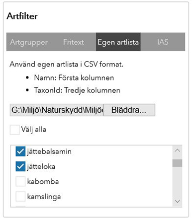 Urklipp som visar att längre artlistor går att ladda in som en egen artlista. Det går då också att bocka i och göra ett urval av de arter som man vill söka efter.