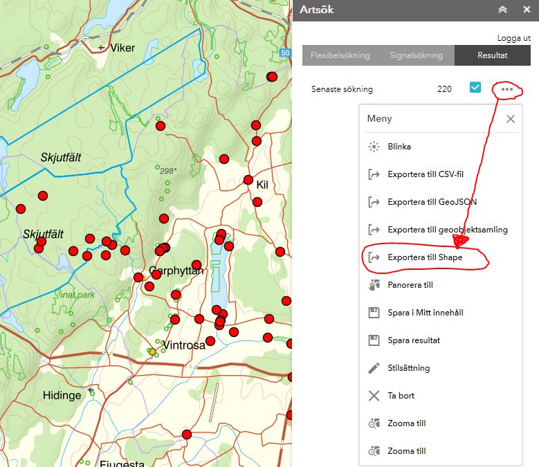 Nu finns möjlighet att exportera sökresultat till Shape-fil. ”Exportera till Shape” och övriga funktioner för att hantera sökresultat når man via de tre prickarna efter sökresultatet