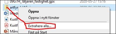 Urklipp från webbGIS: Högerklicka på den zip:ade filen och välj ”Extrahera alla…” för att packa upp den, så att du får fram .shp-filen som du laddar in i ArcGIS eller annat GIS-program.