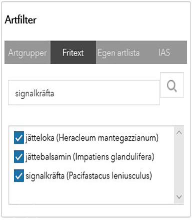 Urklipp som visar att det i Artfilter går att söka i fritext på en eller flera enskilda arter och skapa sitt eget urval av IAS.