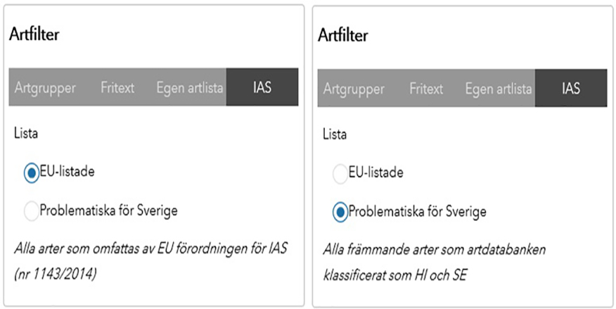 Två stycken urklipp från Artfilter som visar att det finns listor för sökning efter invasiva främmande arter under en flik som heter IAS.